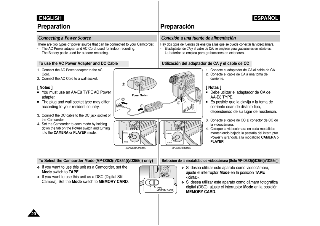 Samsung AD68-00839J manual Connecting a Power Source, Conexión a una fuente de alimentación, Notas 