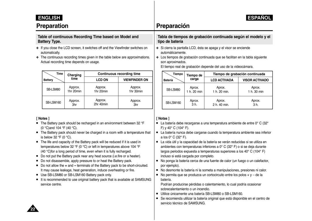 Samsung AD68-00839J manual Continuous recording time, Tiempo de grabación continuada, Notas 