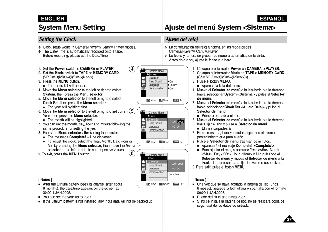 Samsung AD68-00839J manual Setting the Clock Ajuste del reloj, Clock Set, then press the Menu selector 