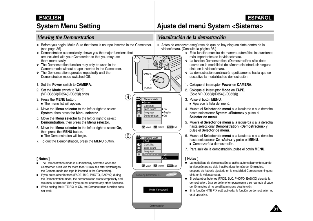 Samsung AD68-00839J Viewing the Demonstration Visualización de la demostración, System , then press the Menu selector 