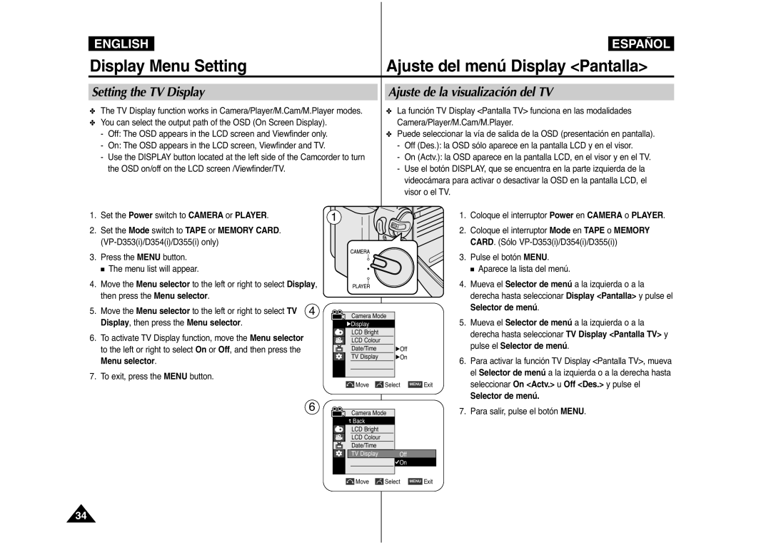 Samsung AD68-00839J Setting the TV Display, Ajuste de la visualización del TV, Seleccionar On Actv. u Off Des. y pulse el 