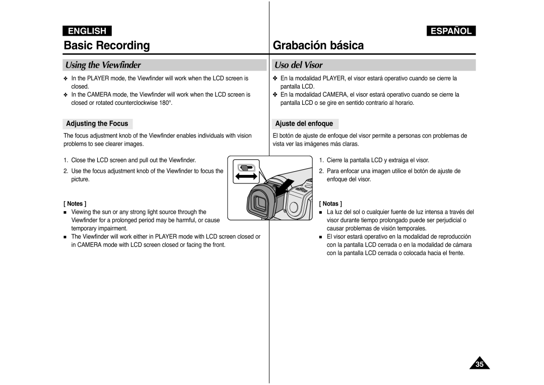 Samsung AD68-00839J manual Using the Viewfinder Uso del Visor, Adjusting the Focus Ajuste del enfoque 