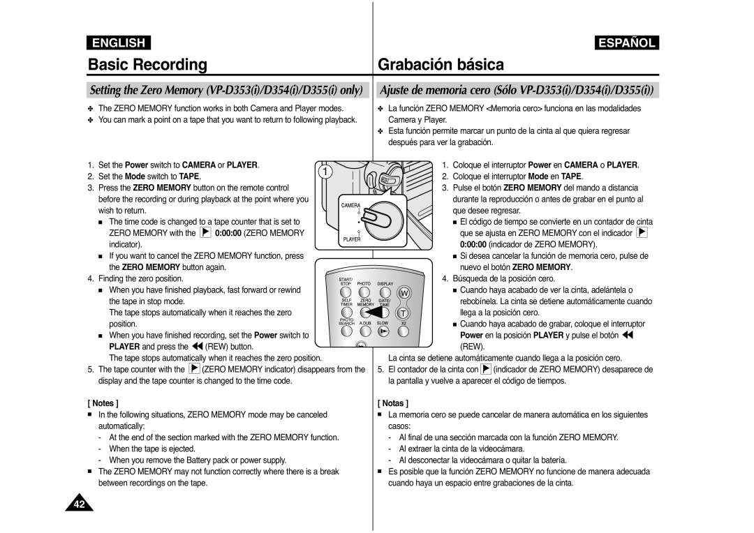 Samsung AD68-00839J manual Ajuste de memoria cero Sólo VP-D353i/D354i/D355i, Tape counter with 