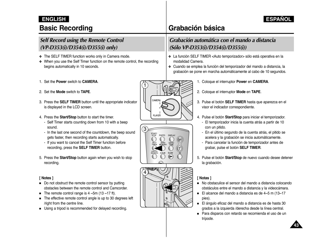 Samsung AD68-00839J manual Self Record using the Remote Control, VP-D353i/D354i/D355i only Sólo VP-D353i/D354i/D355i 