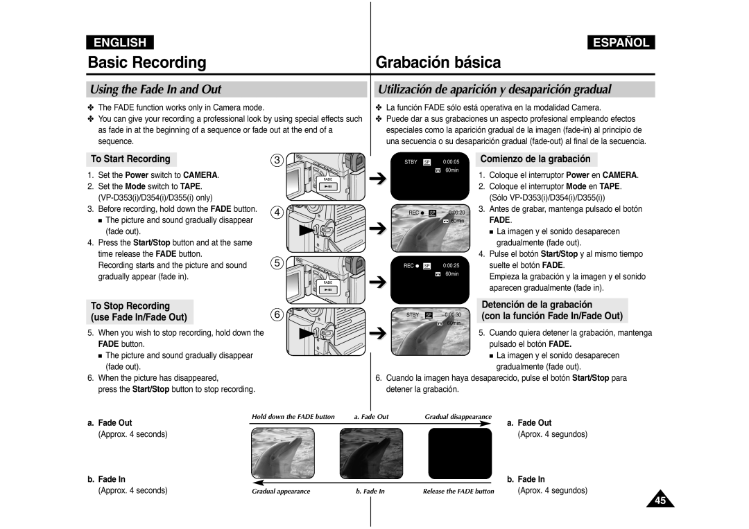 Samsung AD68-00839J manual To Start Recording, To Stop Recording Use Fade In/Fade Out, Comienzo de la grabación 