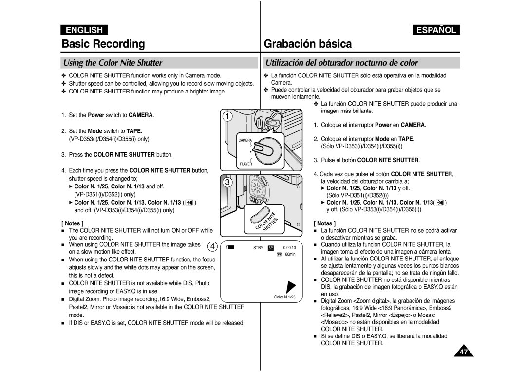 Samsung AD68-00839J manual Press the Color Nite Shutter button, √ Color N /25 , Color N /13 and off 