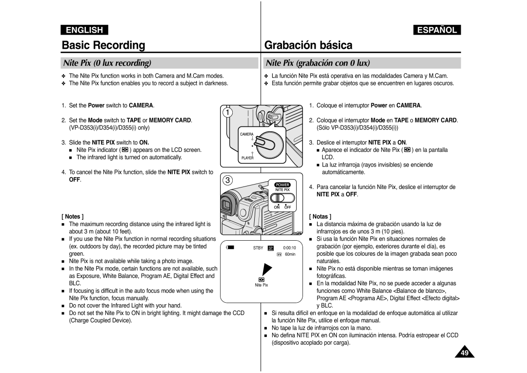 Samsung AD68-00839J manual Nite Pix 0 lux recording, Nite Pix grabación con 0 lux, Naturales 