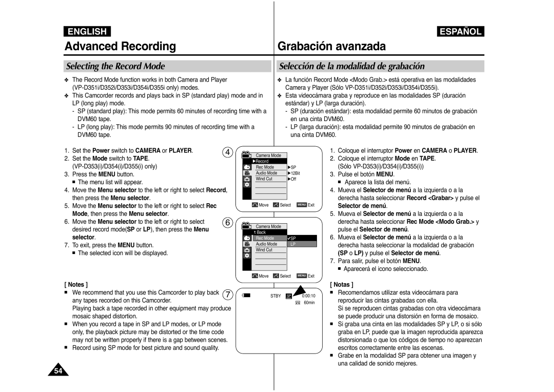 Samsung AD68-00839J manual Selecting the Record Mode, Selección de la modalidad de grabación 