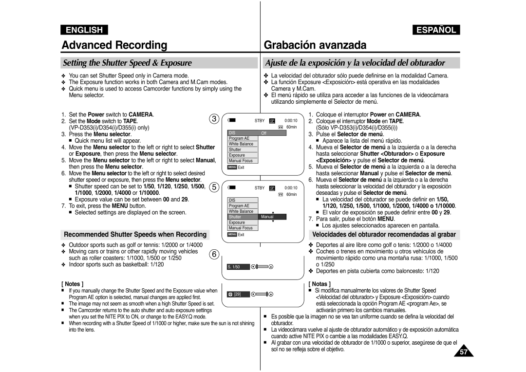 Samsung AD68-00839J manual Setting the Shutter Speed & Exposure, Ajuste de la exposición y la velocidad del obturador 