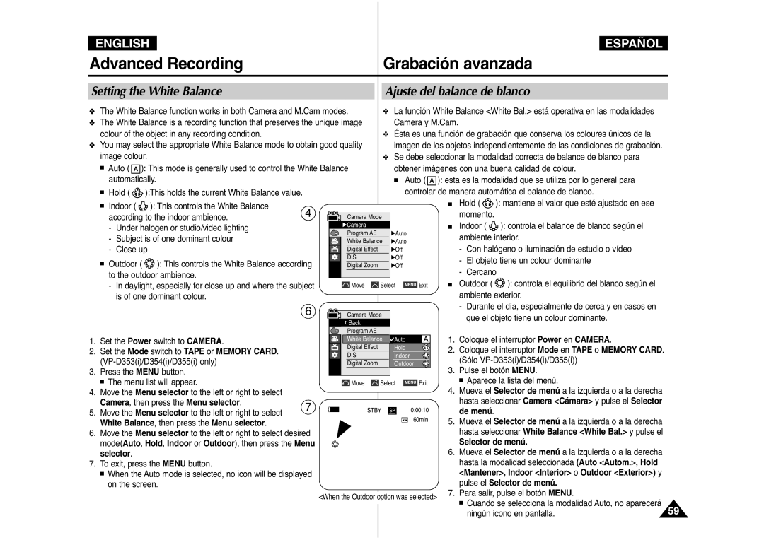 Samsung AD68-00839J manual Setting the White Balance Ajuste del balance de blanco, Camera, then press the Menu selector 