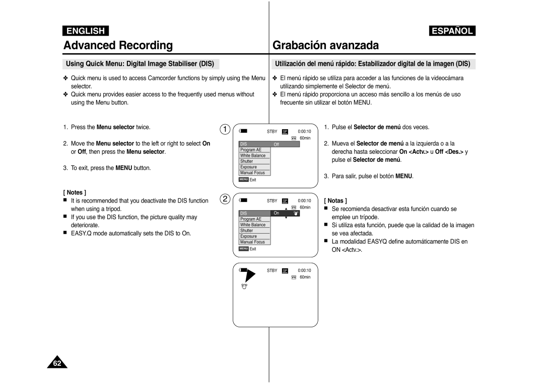 Samsung AD68-00839J manual Using Quick Menu Digital Image Stabiliser DIS 