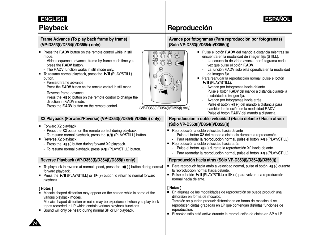 Samsung AD68-00839J manual VP-D353i/D354i/D355i only Sólo VP-D353i/D354i/D355i, Reverse Playback VP-D353i/D354i/D355i only 