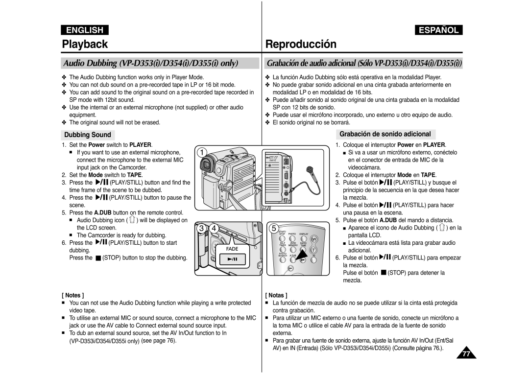 Samsung AD68-00839J manual Audio Dubbing VP-D353i/D354i/D355i only, Grabación de audio adicional Sólo VP-D353i/D354i/D355i 