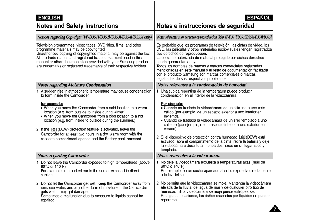 Samsung AD68-00839J manual Notas referentes a la condensación de humedad, Notas referentes a la videocámara 