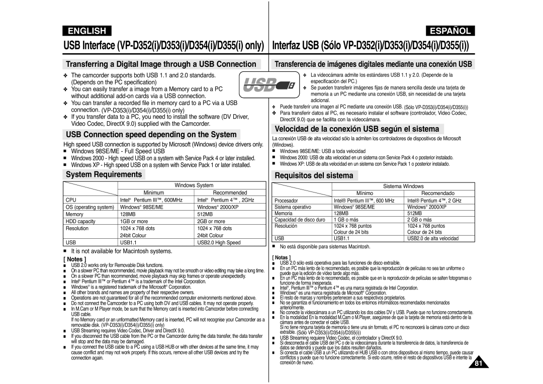 Samsung AD68-00839J manual Windows 98SE/ME Full Speed USB, It is not available for Macintosh systems 