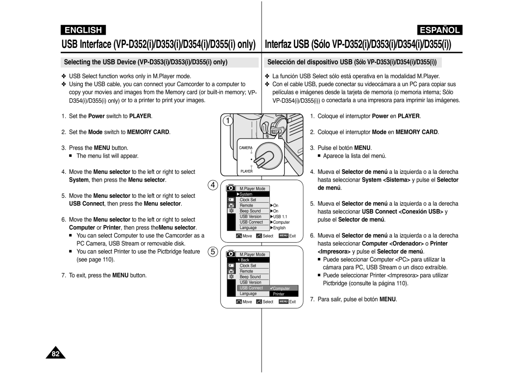 Samsung AD68-00839J manual Selecting the USB Device VP-D353i/D353i/D355i only, USB Connect, then press the Menu selector 