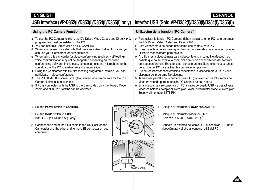 Samsung AD68-00839J manual Coloque el interruptor Mode en Tape, Videocámara y el otro al conector USB del PC 