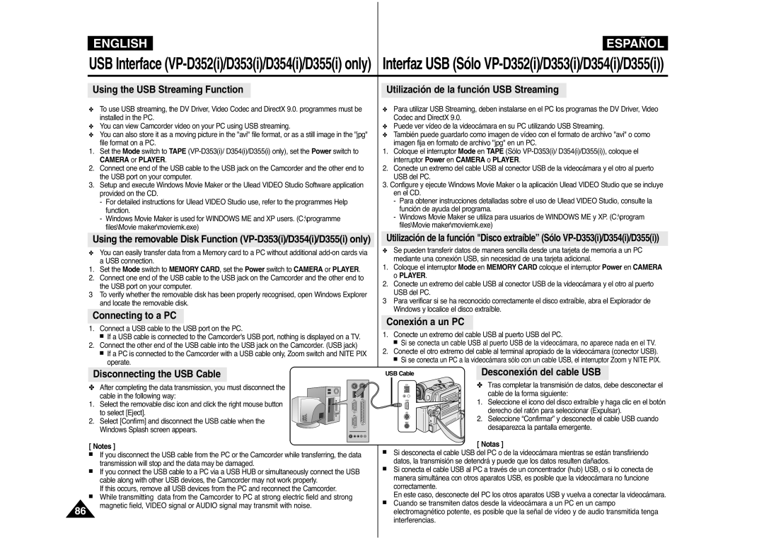 Samsung AD68-00839J Using the USB Streaming Function, Utilización de la función USB Streaming, Disconnecting the USB Cable 