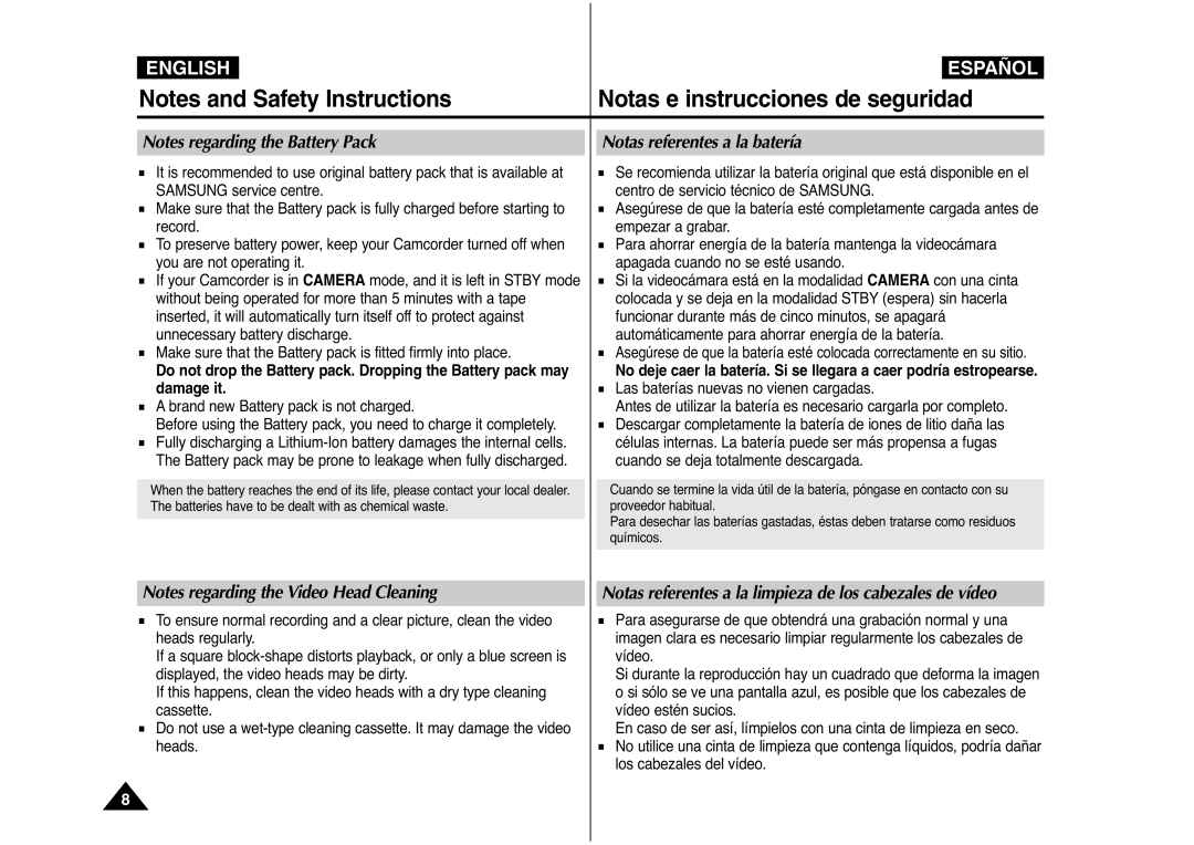 Samsung AD68-00839J manual Notas referentes a la batería, Notas referentes a la limpieza de los cabezales de vídeo 