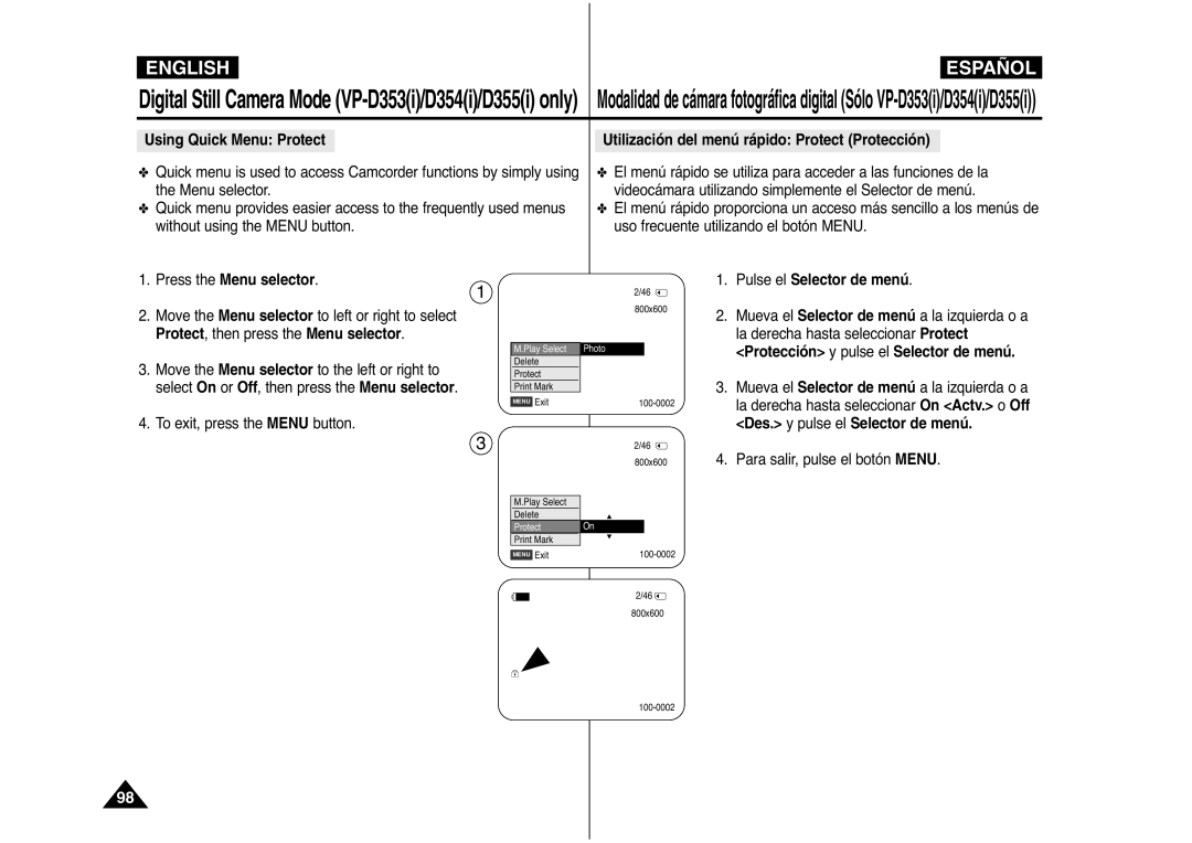 Samsung AD68-00839J manual Protect , then press the Menu selector, Des. y pulse el Selector de menú 