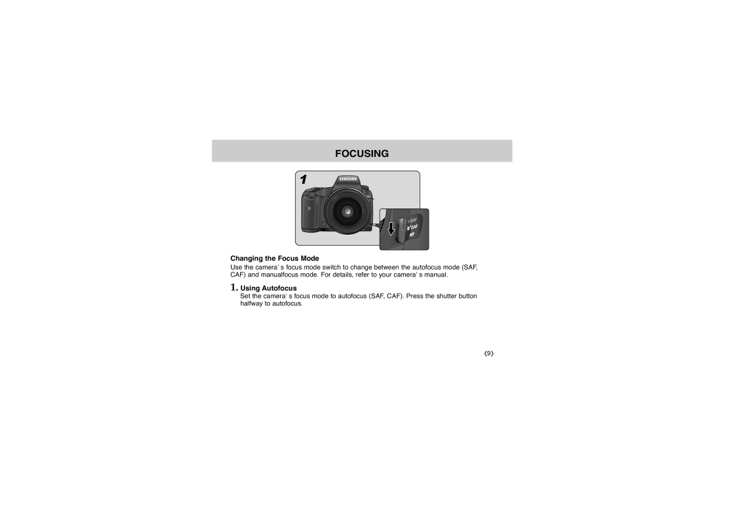 Samsung D-XENON 100 Macro, AD68-01762A manual Focusing, Changing the Focus Mode, Using Autofocus 