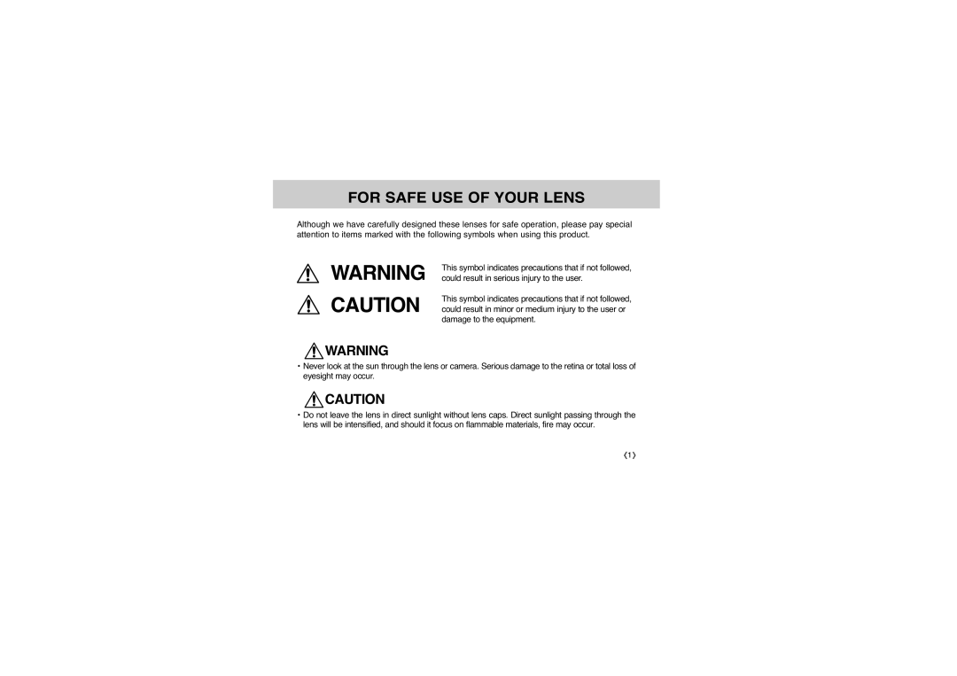 Samsung D-XENON 100 Macro, AD68-01762A manual For Safe USE of Your Lens 