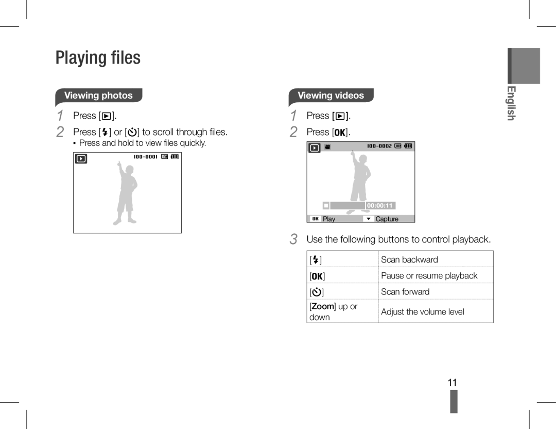 Samsung AD68-04852A Playing files, Viewing photos, Viewing videos, Use the following buttons to control playback 