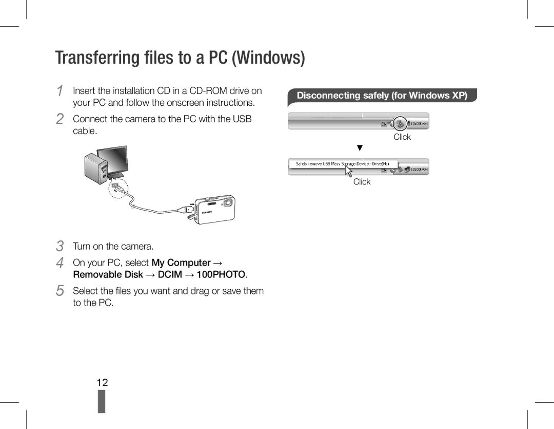 Samsung AD68-04852A quick start manual Transferring files to a PC Windows, Disconnecting safely for Windows XP 