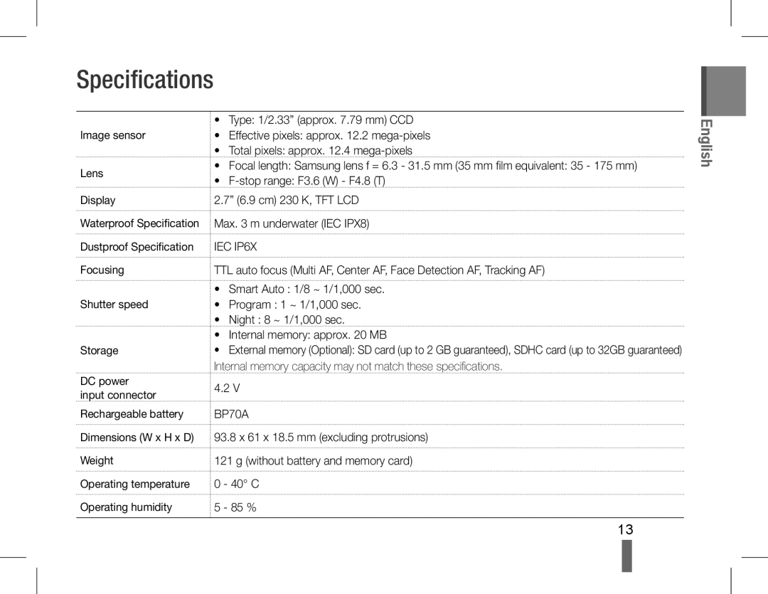 Samsung AD68-04852A Specifications, Image sensor Lens Display, Dustproof Specification Focusing Shutter speed Storage 