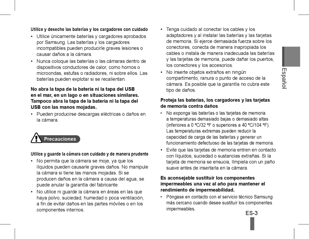 Samsung AD68-04852A quick start manual Pueden producirse descargas eléctricas o daños en la cámara, Precauciones 