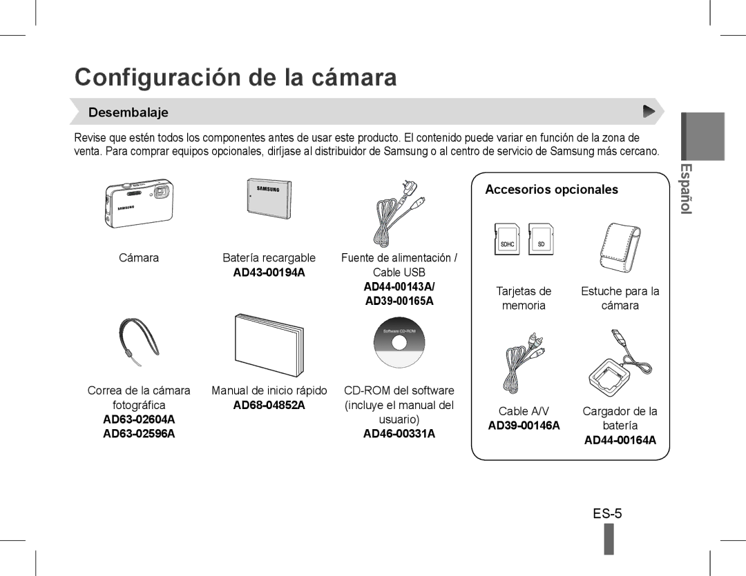 Samsung AD68-04852A quick start manual Configuración de la cámara, Desembalaje, Accesorios opcionales, Cámara 