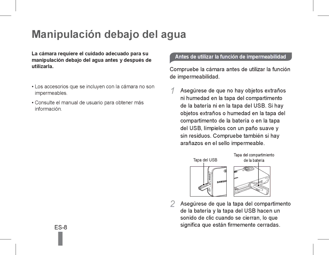 Samsung AD68-04852A quick start manual Manipulación debajo del agua, Antes de utilizar la función de impermeabilidad 