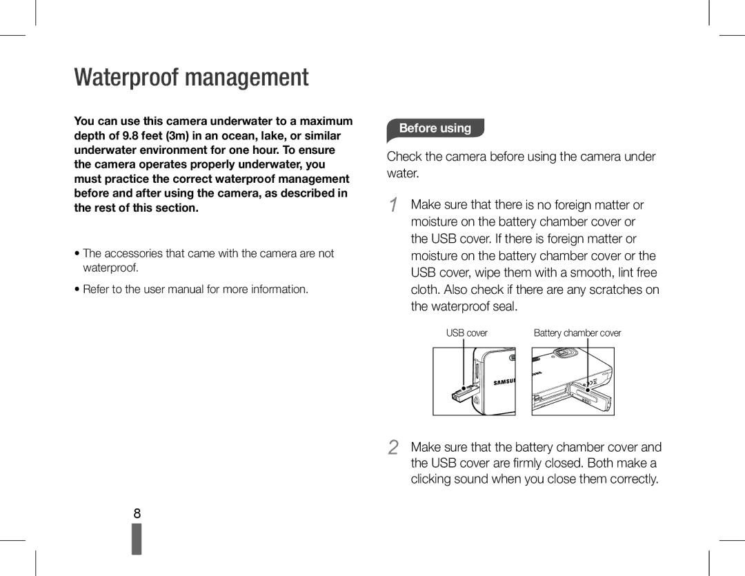 Samsung AD68-04852A Waterproof management, Before using, Accessories that came with the camera are not waterproof 