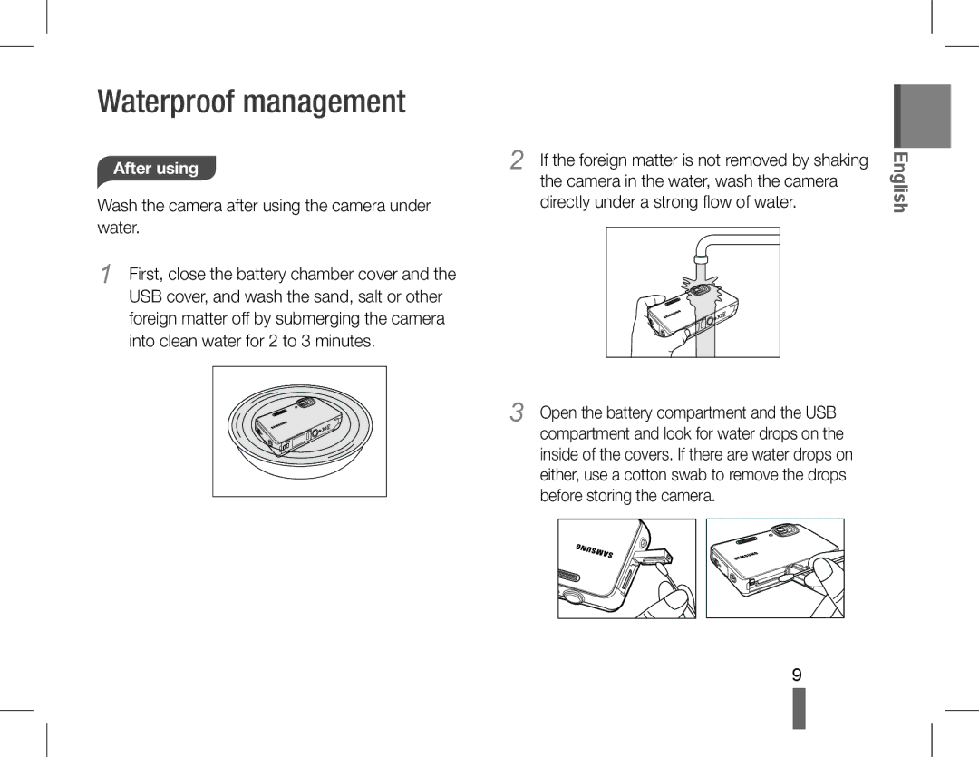 Samsung AD68-04852A quick start manual After using, Wash the camera after using the camera under water 