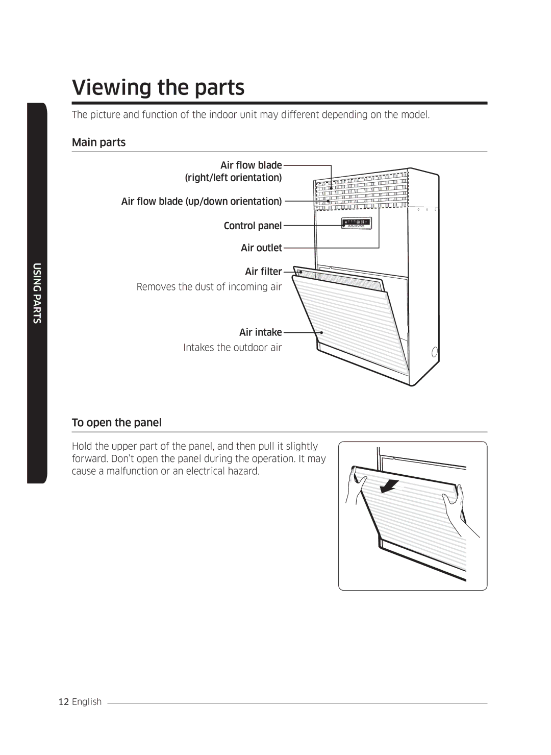 Samsung AF0AKV3SAEENSG manual Viewing the parts, Main parts, To open the panel 