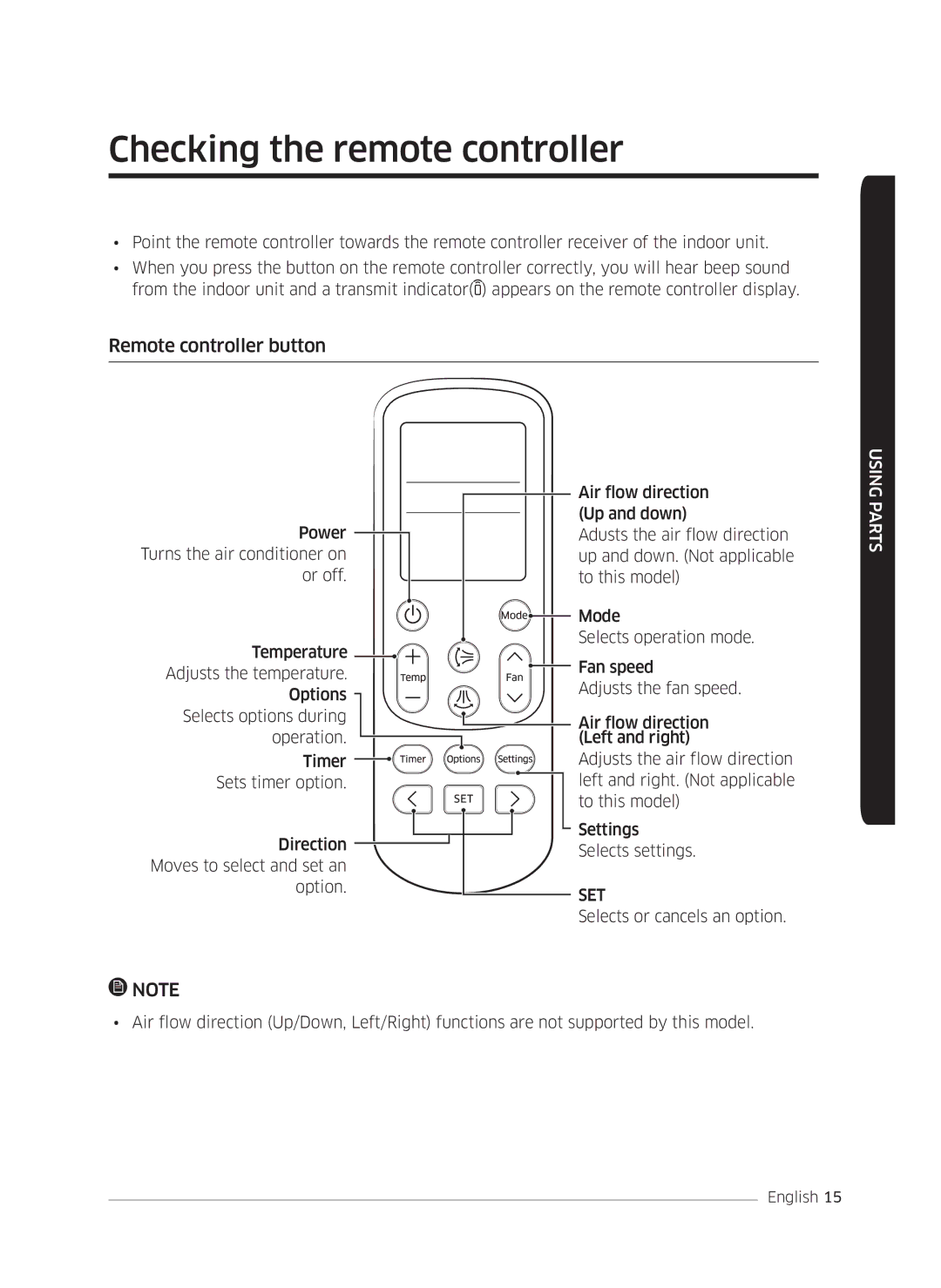 Samsung AF0AKV3SAEENSG manual Checking the remote controller, Remote controller button 