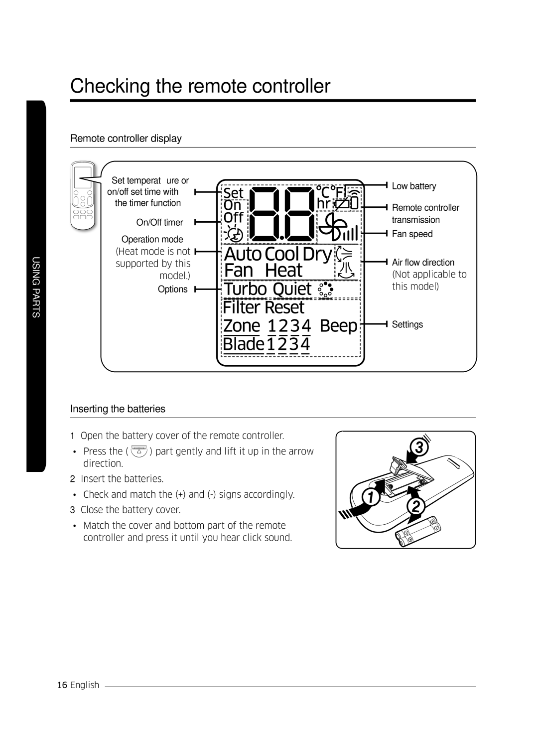 Samsung AF0AKV3SAEENSG manual Remote controller display, Inserting the batteries 