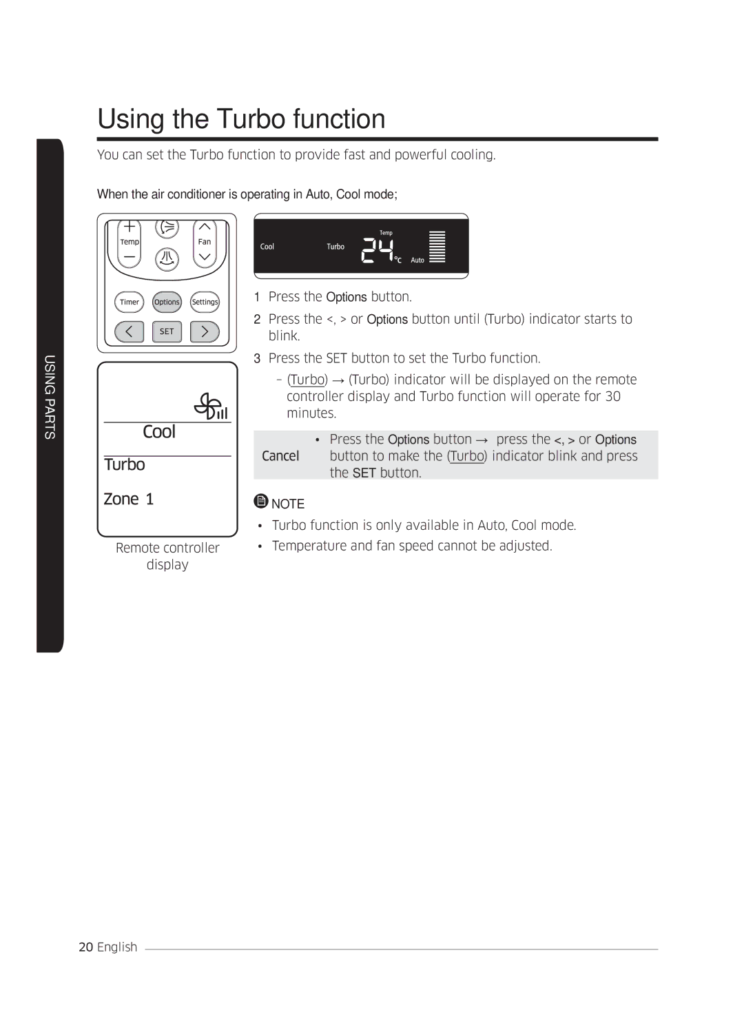 Samsung AF0AKV3SAEENSG manual Using the Turbo function 