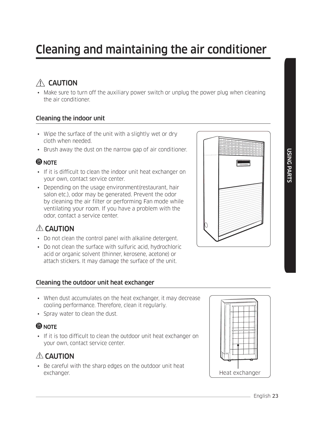 Samsung AF0AKV3SAEENSG manual Cleaning and maintaining the air conditioner, Cleaning the indoor unit 