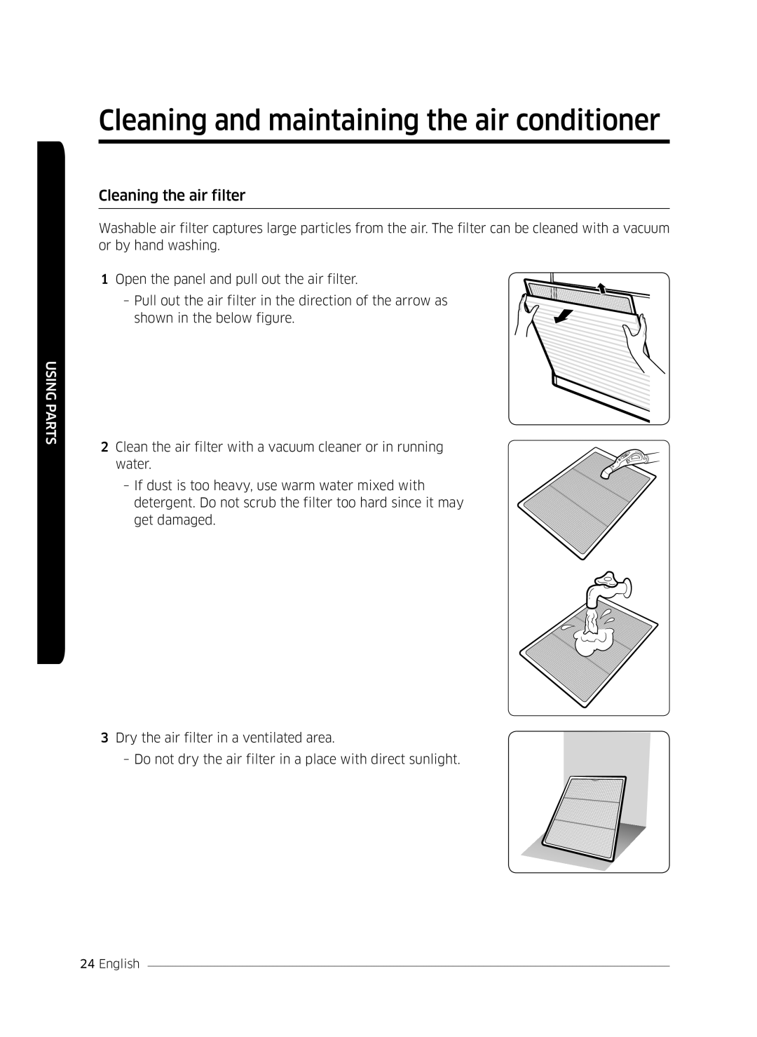 Samsung AF0AKV3SAEENSG manual Cleaning the air filter 