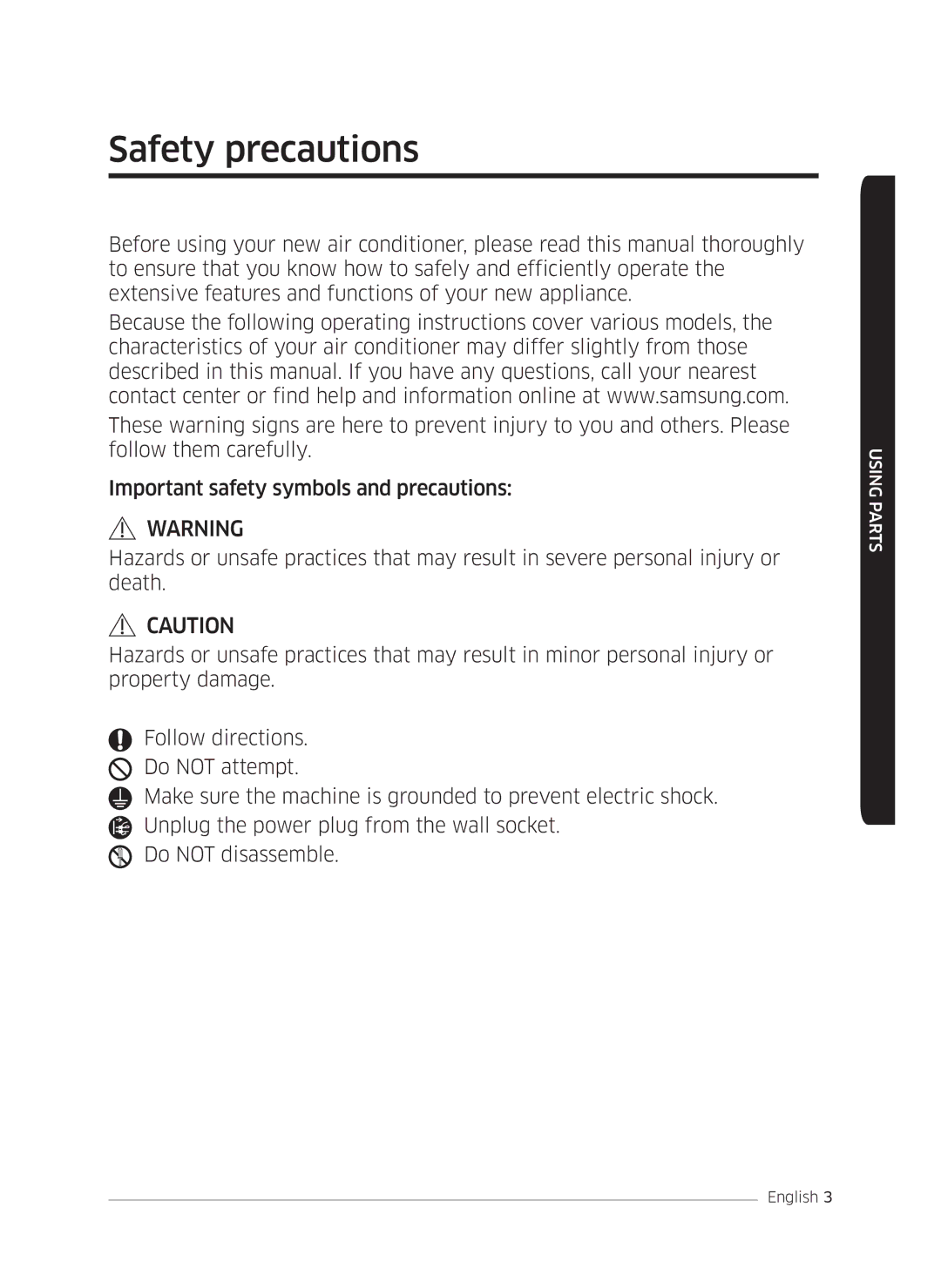 Samsung AF0AKV3SAEENSG manual Safety precautions 