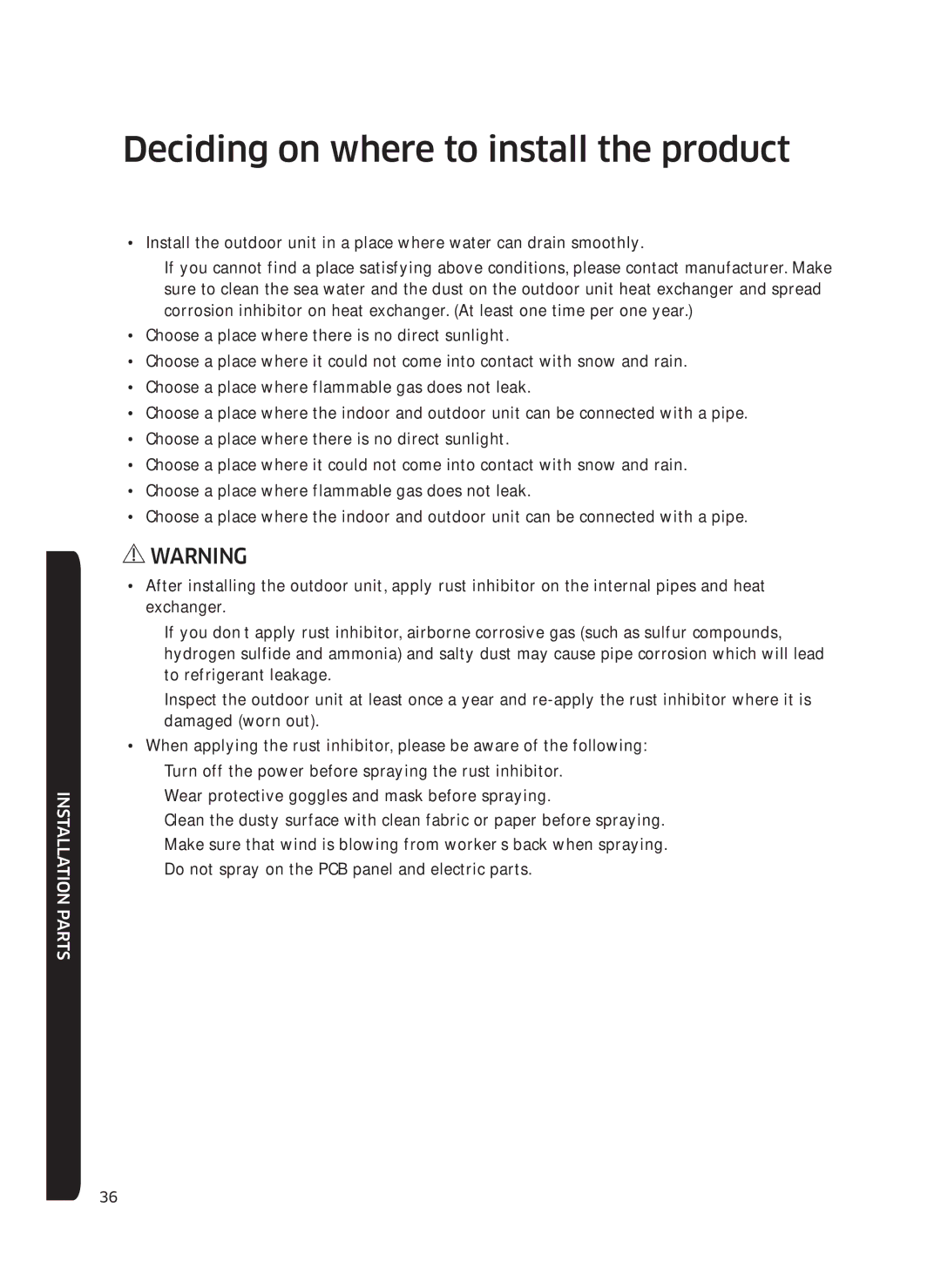 Samsung AF0AKV3SAEENSG manual Deciding on where to install the product 