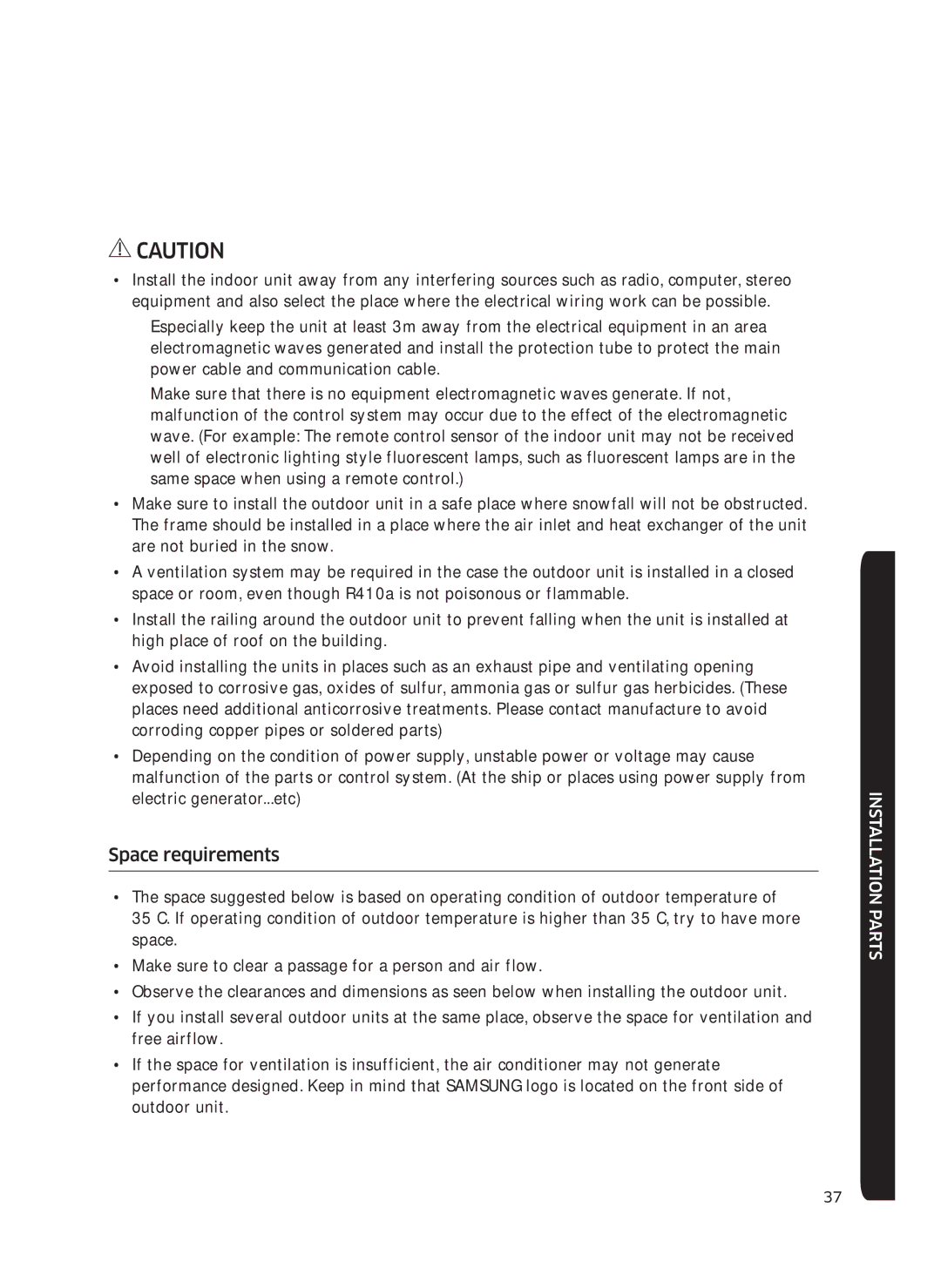 Samsung AF0AKV3SAEENSG manual Space requirements 