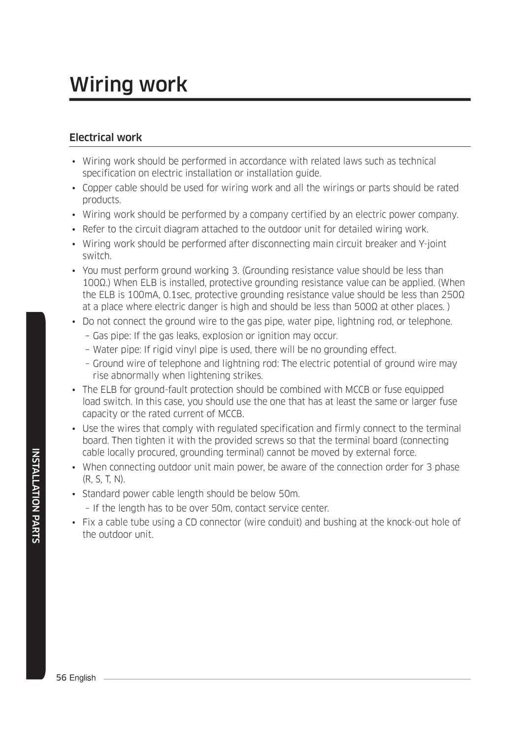 Samsung AF0AKV3SAEENSG manual Wiring work, Electrical work 