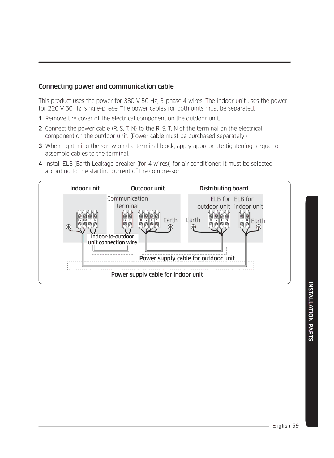 Samsung AF0AKV3SAEENSG manual Connecting power and communication cable, Earth 