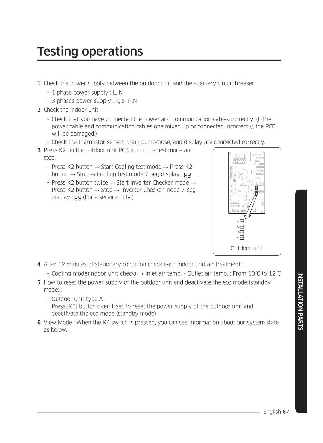 Samsung AF0AKV3SAEENSG manual Testing operations 