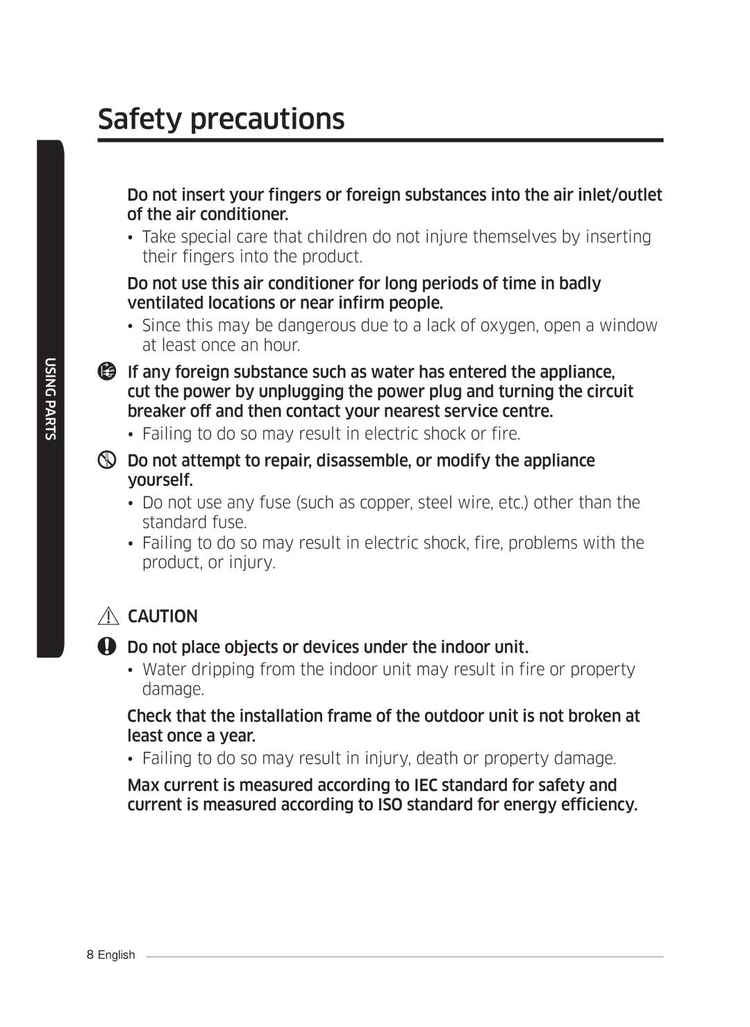 Samsung AF0AKV3SAEENSG manual Safety precautions 