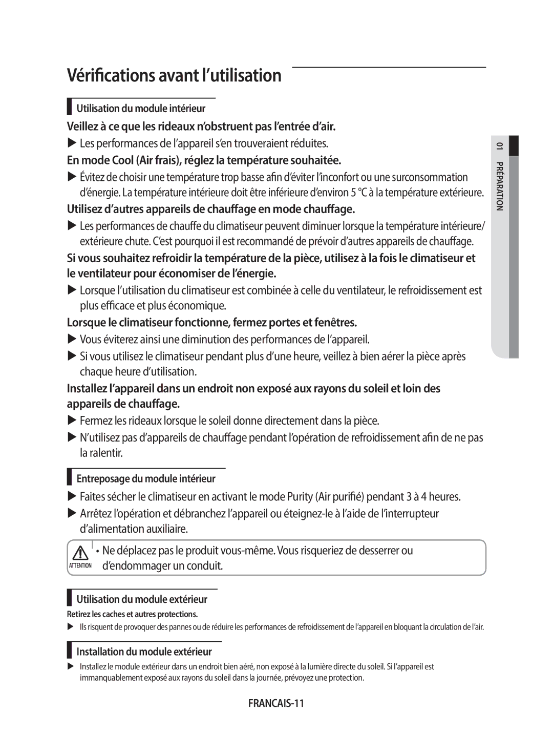 Samsung AF24FSSDAWKNEU Vérifications avant l’utilisation, Veillez à ce que les rideaux n’obstruent pas l’entrée d’air 