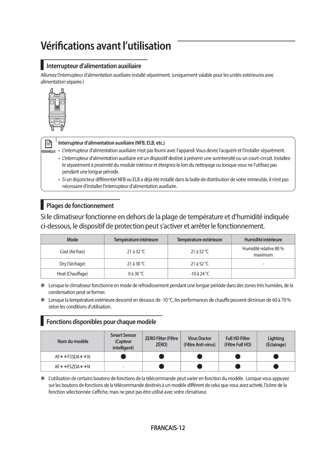 Samsung AF24FSSDAWKNEU manual Interrupteur d’alimentation auxiliaire, Plages de fonctionnement, FRANCAIS-12 