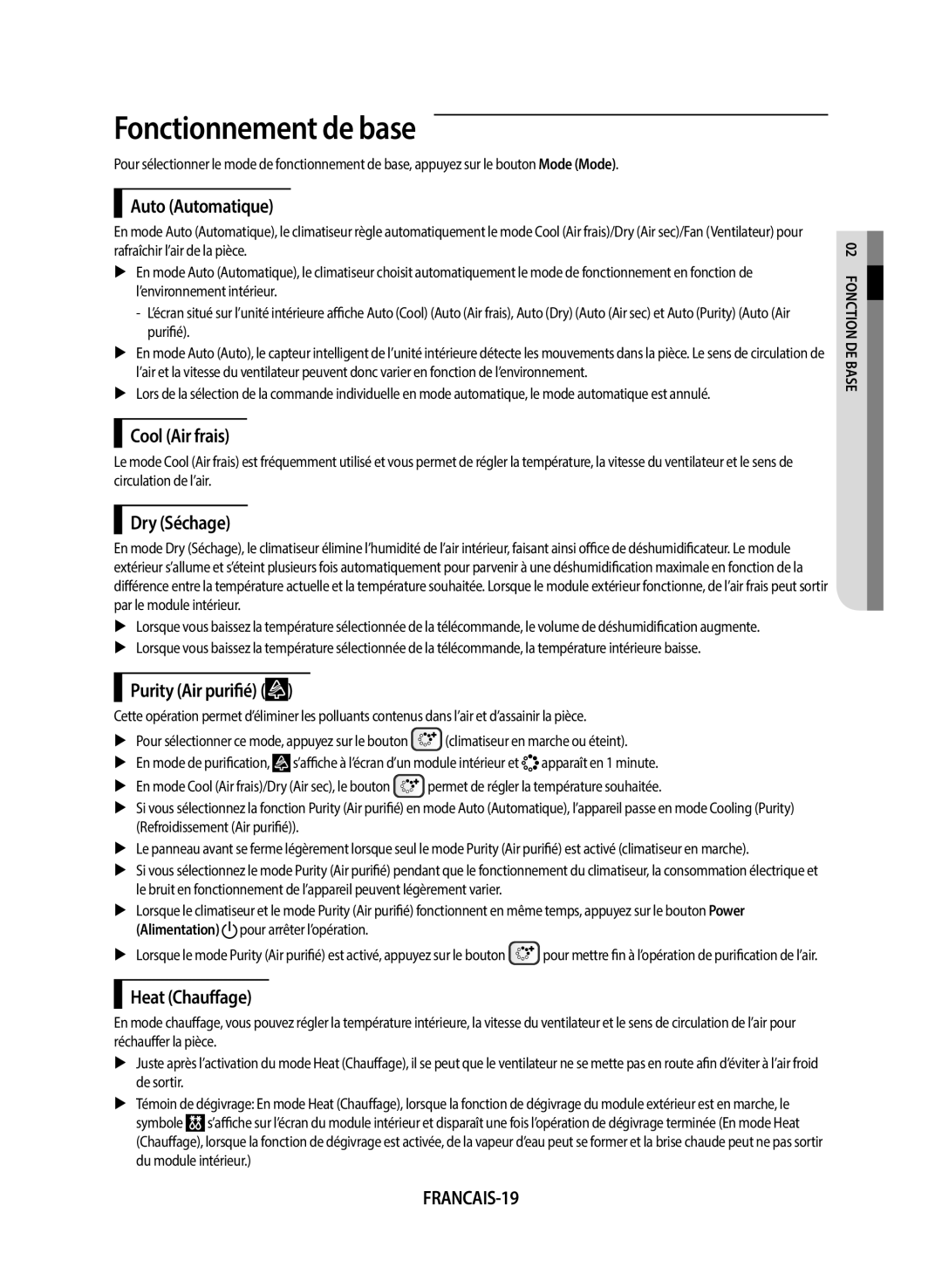 Samsung AF24FSSDAWKNEU manual Fonctionnement de base, FRANCAIS-19 